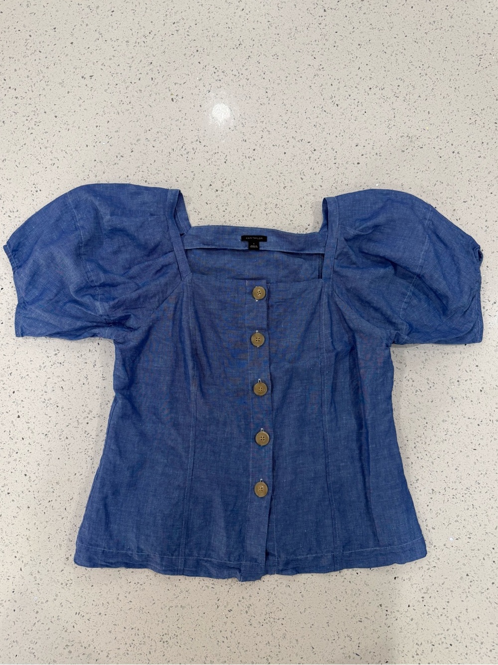 Ann Taylor Chambray Square-Neck Button Front Puff Sleeve Top